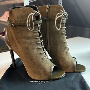 Saint Laurent Olive Suede Lace-Up Heeled Boots